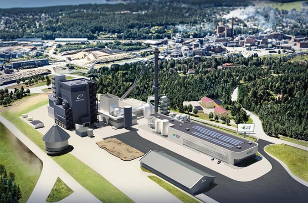 Illustration av FlagshipONE, Sveriges första anläggning för produktion av grönt elektrobränsle, e-metanol, i Örnsköldsvik.